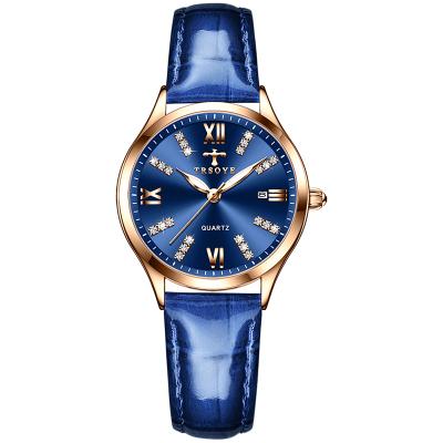 China Diamond Ladies Watches Date Quartz Movement Genuine Leather Blue Dial Beauty Design Day/Date Women Watch TRS958 for sale