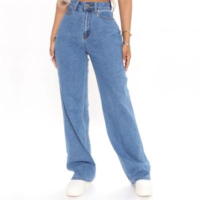 China JS009 Custom Logo Women's QUICK DRY Denim Pants 100% Cotton Straight Washed Fit Wide Leg High Waist Loose Plus Size Women's Jeans for sale