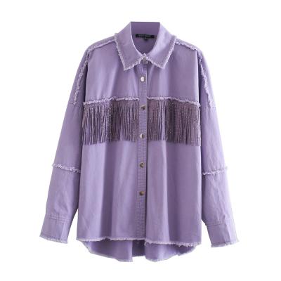 China DS014 Women Viable Fashion Tassel Beaded Oversized Vintage Denim Jacket Coat Women Long Sleeve Fringed Edge Female Outerwear Chic Tops for sale