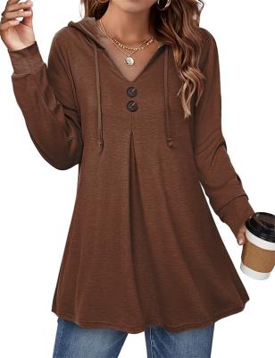 China HD604 Women's Hooded Solid Loose Casual Button Down Breathable V-Neck Sweatshirt Dress Outwear Tops Sweater for sale