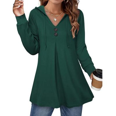 China HD605 Women's Hooded Solid Loose Casual Button Down Breathable V-Neck Sweatshirt Dress Outwear Tops Sweater for sale