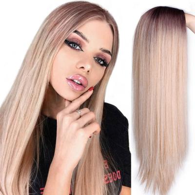 China Light Black Gold Gradient Long Straight Hair Ladies Long Straight Hair Canned Perm Dye Chemical Fiber Wig for sale