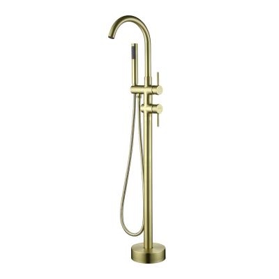 China Without Sliding Bar Brass Bathtub Faucet Floor Brushed Gold Free Standing Bathtub Faucet With Hand Shower for sale