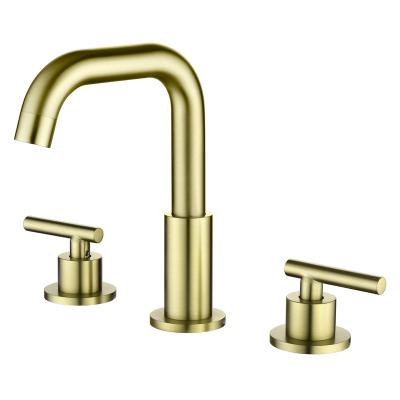 China Metered Faucets Brushed Gold Bathroom Wash Hand Basin Mixer Faucet Double Handle Hot Cold Water Faucet with Aerator Element for sale