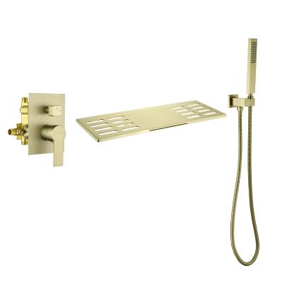 China Without Sliding Bar Bathroom Faucet Wall Mounted Hot Cold Shower Set Brushed Gold Waterfall Shower System Bathtub Shower Set for sale