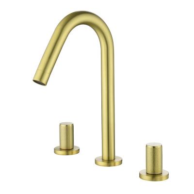 China Metered Faucets Deck Mount 3 Hole Torneira 360 Degree Rotation Gold Bathroom Sink Faucet For Hand Wash Basin for sale