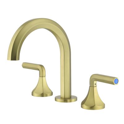 China Shamanda Metered Faucets 3 Holes Pull Down Faucet Gold Deck Mounted torneira Double Handle Hot Cold Water Bathroom Sink Faucet for sale