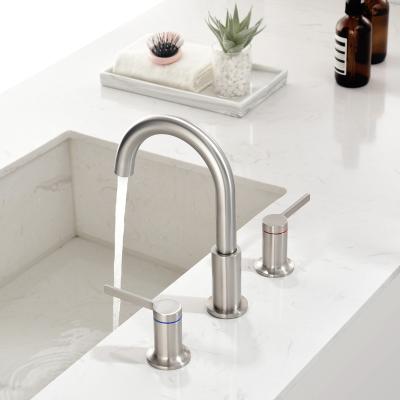 China Metered Faucets Deck Mounted Brushed Nickel Two Handles 3 Hole Bathroom Sink Faucet Brass Faucets For Hand Wash Basin for sale