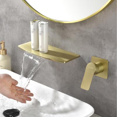 China Without Holes 2 Sliding Bar Brass Hot Cold Water Brushed Gold Waterfall Hidden Basin Faucet For Bathtub for sale