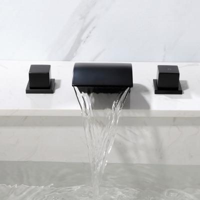 China Metered Faucets Black Hot Cold Water Mixer Bathroom Basin Faucet Deck Mounted Waterfall Faucet for Hand Wash Basin for sale