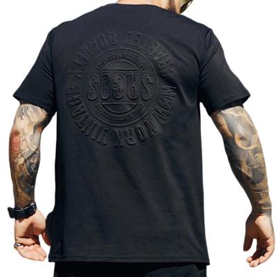 China Anti-Wrinkle Streetwear Embossed Graphic Stitches Custom Logo Embossing Round Neck T-Shirt For Men Summer Short Sleeve for sale