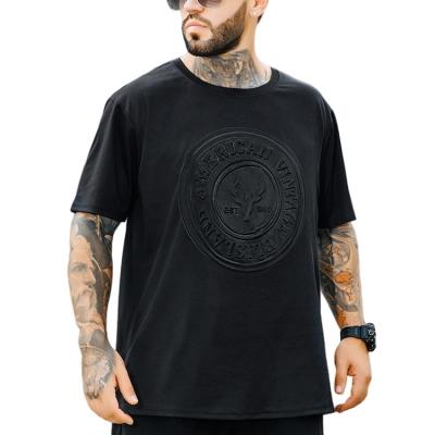 China Anti-Wrinkle OEM Summer Casual Men's Round Neck T-shirt Black Custom Logo Graphic Embossed Oversized Tees for sale