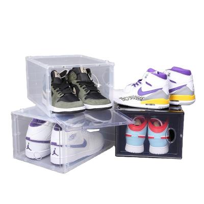 China Home Wholesale Custom Shoe Box Decoration Drop Front Stackable Transparent Shoe Box for sale