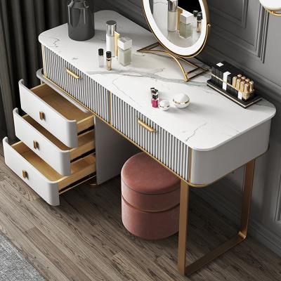 China Modern Storage Dressing Table Chair Sets With Led Mirror 5 Mirror Dressers Vanity Tables Gold Stainless Steel Legs Bedroom Furniture Designs for sale