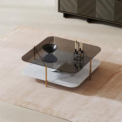 China Customizable modern tempered glass with square agglomerated stone coffee tables stainless steel table leg metal tea table decoration for sale