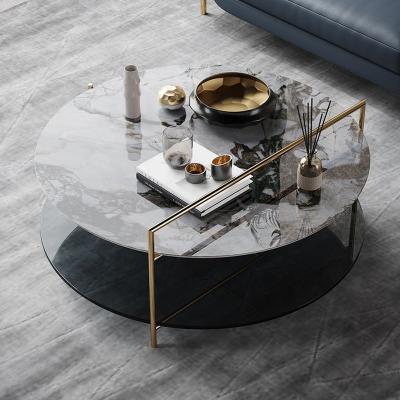 China Customizable luxury modern decoration round tempered glass with agglomerated stone coffee tables with sofa side tea table set for living room for sale