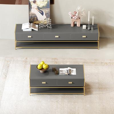 China Custom Modern Gray Blue Brake Gold Metal Leather TV Stand Storable With Coffee Table Set Tea Table And TV Cabinet Combination for sale