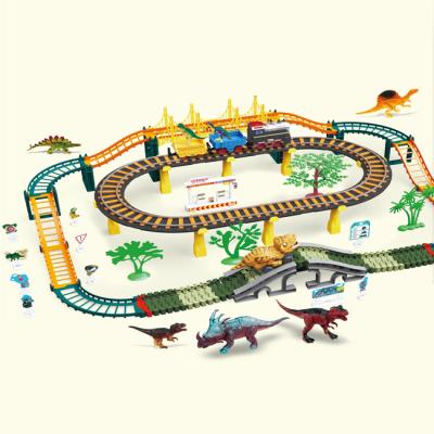 China Toy Electric Slot Train Dinosaur Car Assemble Rail Set DIY Toys 158pcs Toy Dinosaur Race Track Car HC546414 for sale