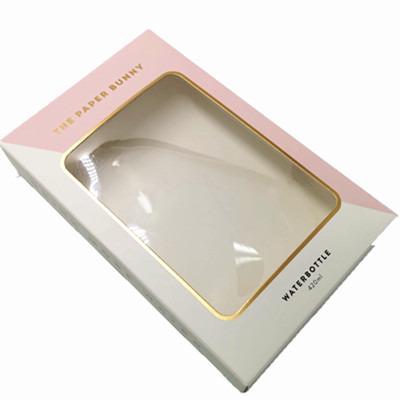 China Recycled Materials Custom Clear PET Window Waterbottle Foil Stamp Pink Cardboard Gift Box Supplier for sale