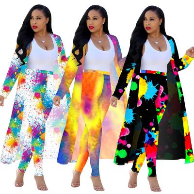 China 2022 Anti-wrinkle popular high quality long sleeve printed jacket coat tights hot sale two-piece set with long coat printing overalls woman for sale