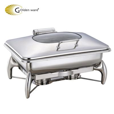 China SS 201# (fuel backups); SS 304# (Others); D-7+ Tempered Glass Ware Food Warmer (Lid) Large Restaurant 9L Stainless Steel Golden Square Electric Chafing Dish for sale