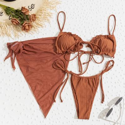 China Swimwear Pleat Thong Bikini Sexy Swimwear Manufacturer 3 Pieces Beach Wear Women Windproof Cover Up Swimwear and Beachwear Set for sale