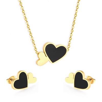 China Fashionable Wholesale Hot Selling Double Heart Shape With Black Pendant Jewelry Set Stainless Steel Shell Earrings Necklace Bridal Jewelry for sale