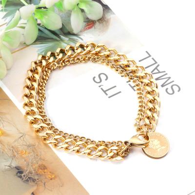 China Environmental Friendly Fashion 14k Gold Plated Exquisite Stainless Steel Circle Quality Jewelry Women Double Chains Bracelet Pendant Jewelry for sale