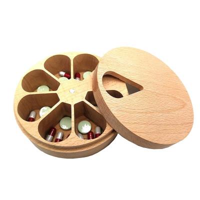 China Eco-Friendly Small Pills Round Daily Weekly Medicine Vitamin Bamboo Wooden Pill Boxes Wooden Organizer for sale