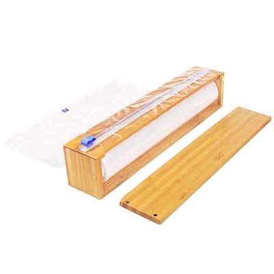 China 1 Slot Sustainable Aluminum Foil Cling Wrap Oil Dispenser Bamboo Plastic Wrap Dispenser Wooden Slide Cutter for sale