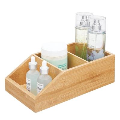 China Eco-friendly Type 3 Compartments Bathroom Storage Box Desk Organizer Tea Caddy Bamboo Trapezium Organizer for sale