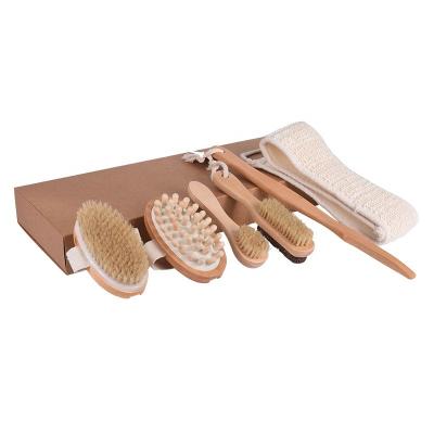 China EXFOLIATE Bamboo Body Brush Set For Dry Skin Sweeping Exfoliating Long Handle Bath Shower Massage Body Brush for sale