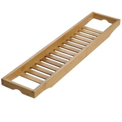 China Hot Sustainable High Quality Natural Wood Rack Bathroom Product Bamboo Bathtub Tray Caddy Storage for sale