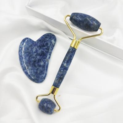 China Lift Up Blue Skin Gemstone Face Massage Rollers And Gua Sha Set for sale