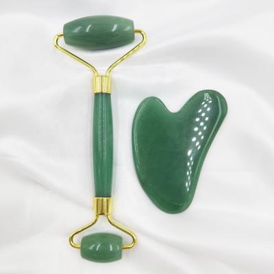 China Lift Skin Green Aventurine Face Massage Rollers And Gua Sha Set for sale