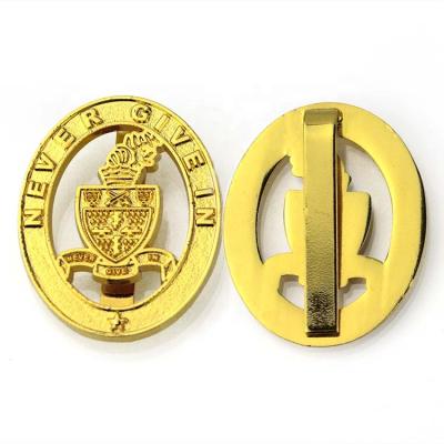 China Custom Round Lapel Europe Novelty Detective School Brand Name Logo Metal Clip Gold Clothing Pin Badge for sale