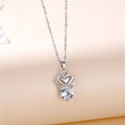 China Lead Free Nickel Free Cubic Heart Crystal Necklace Stainless Steel Cubic Zirconia Crown Necklace for sale