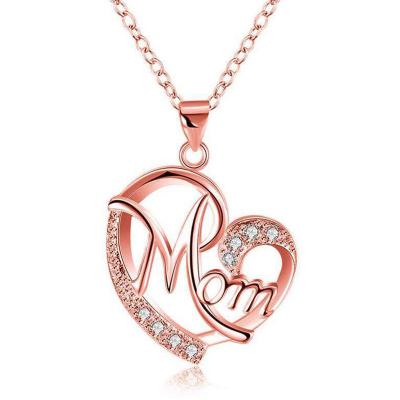 China Crystal Heart Letter Mom Necklace Rose Gold Plated Mom With Free Hollow Heart Drop Necklace Lead Free Nickel Mother's Day Gift for sale