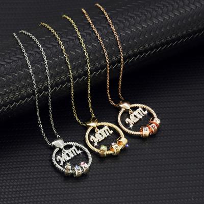 China Free Customized Crystal Mom Pendant Necklace Gemstone Round Barrel Bead Pendant Necklace Lead Free Nickel Letter Necklace For Mother's Day for sale