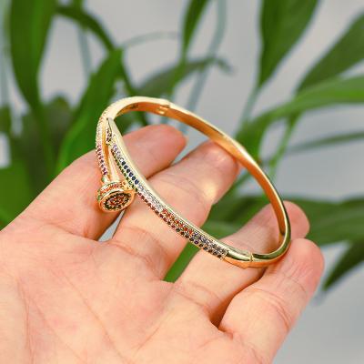 China 2022 Vintage Fashion Rainbow Zircon Stud Bangle Gold Plated Colorful Zircon Cuff Open Bangle Bracelet for sale