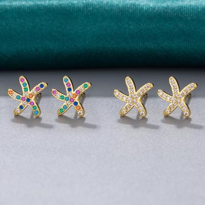 China Nickel Free Lead Free European Fashion White Zircon Star Stud Earrings Micro Pave Rainbow Zircon Star Stud Earrings for sale