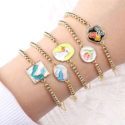 China European Vintage 2022 Oil Drip Duck Flower Charm Bracelet 18K Gold Plated Abstract Beaded Art Pattern Bracelet for sale