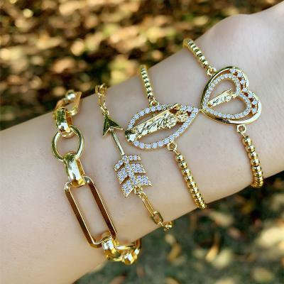 China Vintage Fashion Jewelry 18k Gold Plated Virgin Mary Heart Bracelets White Zircon Love Heart Charm Bracelet for sale