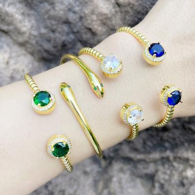 China Vintage Wholesale Jewelry Blue White Green Stone Open Bracelets 18k Gold Plated Zircon Snake Bangle Bracelet for sale