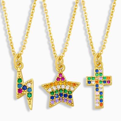 China Nickel Free Zircon Lead Free Lead Free Cubic Star Rainbow Simple Design Crystal Rhinestone Cross Pendant Clavicle Necklace for sale