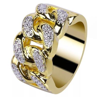 China Nickel Free Lead Free Hips Hops 18K Gold Plating Yellow Bling Zircon Cuban Chain Rings For Men for sale