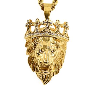 China High Quality Titanium Crystal Crown Lion Charm Pendant Necklace Men Stainless Steel Rhinestone Non-fading Hip Hop Style for sale