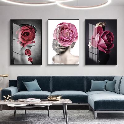 China Waterproof+ECO-Friendly Modern Crystal Porcelain Figure 3 Panel Wall Art Nordic Living Room Canvas Wall Painting Women Crystal Porcelain Flowers for sale