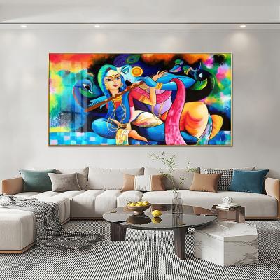 China Abatace Radha Krishna Painting Colorful Picture Nordic Glass Wall Art Waterproof+ECO-Friendly Living Room Wall Decor Buddha Painting Designs for sale