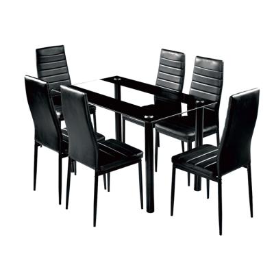 China Best Choice K/D Kitchen Dining Table Set With A Glass Top Table And 6 Black Leather Chairs for sale